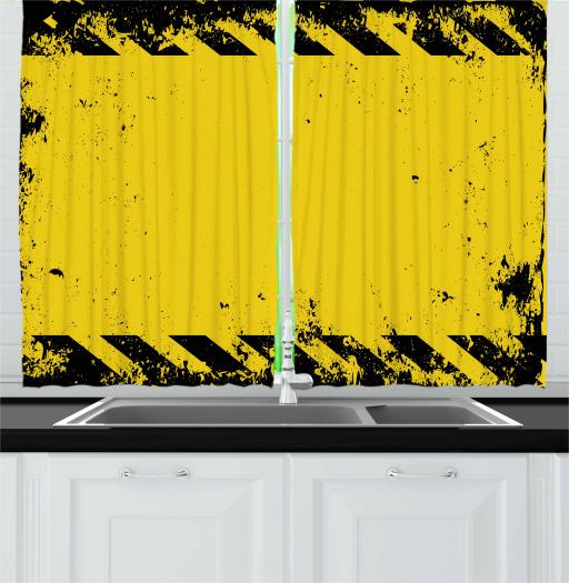 Vintage Yellow Curtains 2 Panels Set Hazard Theme Caution