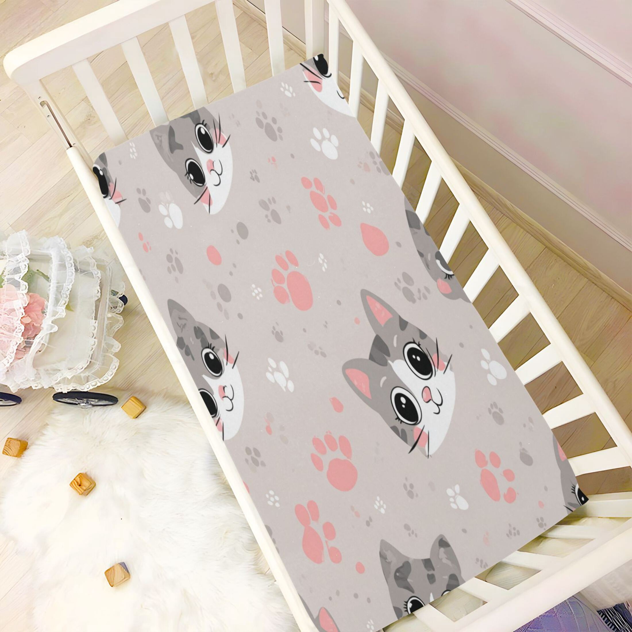 Baby Essentials 52”x 28”- Standard Cotton-like Modal Elastic- Cartoon Cat Face Design Crib Sheets for Newborns and Toddlers