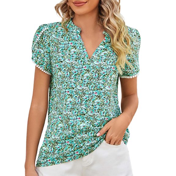 YOTMKGDO V Neck T Shirts for Women, Button Up Short Sleeve Digital Print Party Summer Rayon Shirt, Green Tops, L