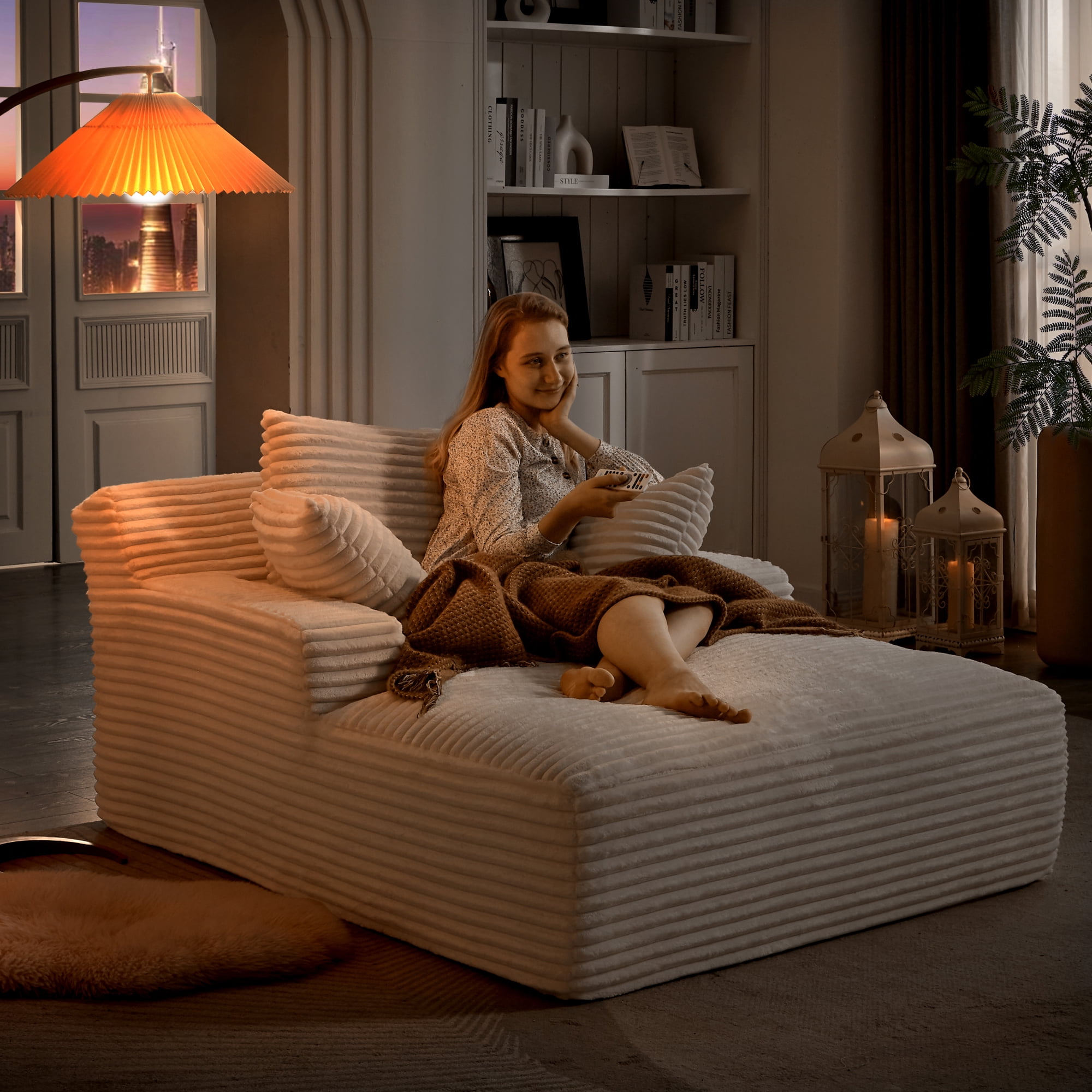 Leumius Oversized Chaise Lounge Chair Indoor,Modern Corduroy Deep Seat Chaise Lounge with 3 Throw Pillows, Square Arm Boneless Floor Sofa,Lazy Sofa for Living Room Bedroom,No Assembly,White