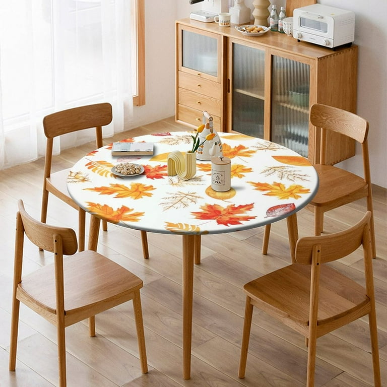 Thanksgiving Pumpkin Maple Leaves Round Fitted Tablecloth – Waterproof, Elastic Edge, 36-44in