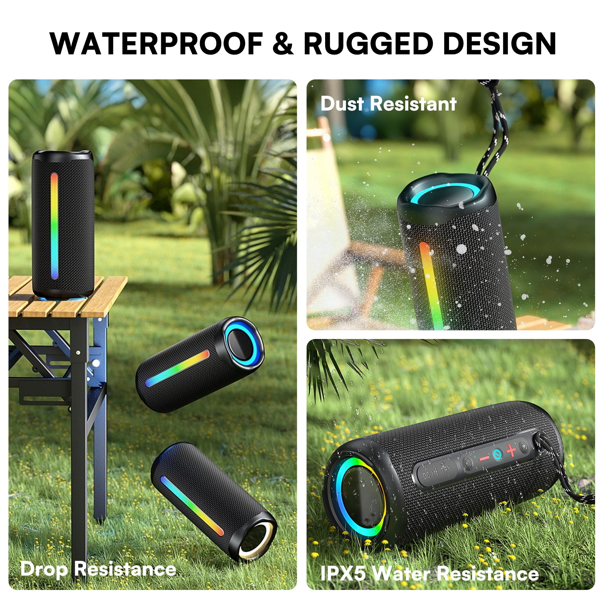 DAYBETTER Portable Bluetooth Speaker IPX5 Waterproof, 30W Deep Bass, Wireless TWS Pairing, LED Lights, 24H Playtime for Home/Outdoor/Party/Beach/Travel/Gifts