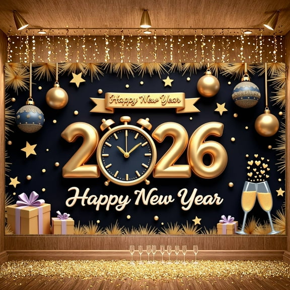Gold Theme New Year Banner Golden Star 2026 Banner Glittery Design Decorative Ornament Happy New Year Banner for New Year Party New Year's Eve Celebration Holiday Decoration