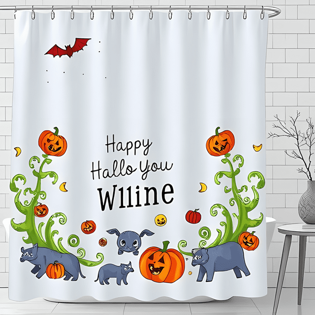 Whimsical Halloween Shower Curtain with Personalized Message & Cartoon Pumpkins - Cute Hippos & Festive Decor