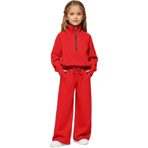 UACY Half Zip 2 Piece Sweatsuits for Girls Mock Neck Sweatshirts Wide Leg Sweatpants Set Thumbhole Tracksuit (Red, 7-8 Years)