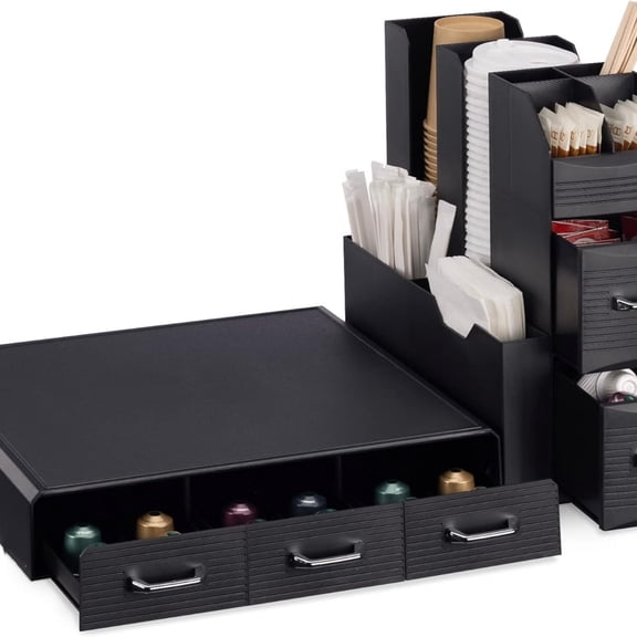 Coffee Capsule Holder and Organiser - Storage Box Coffee Accessories with 3 Compartment Drawers - Compatible with Most Standard Capsule Sizes - Black