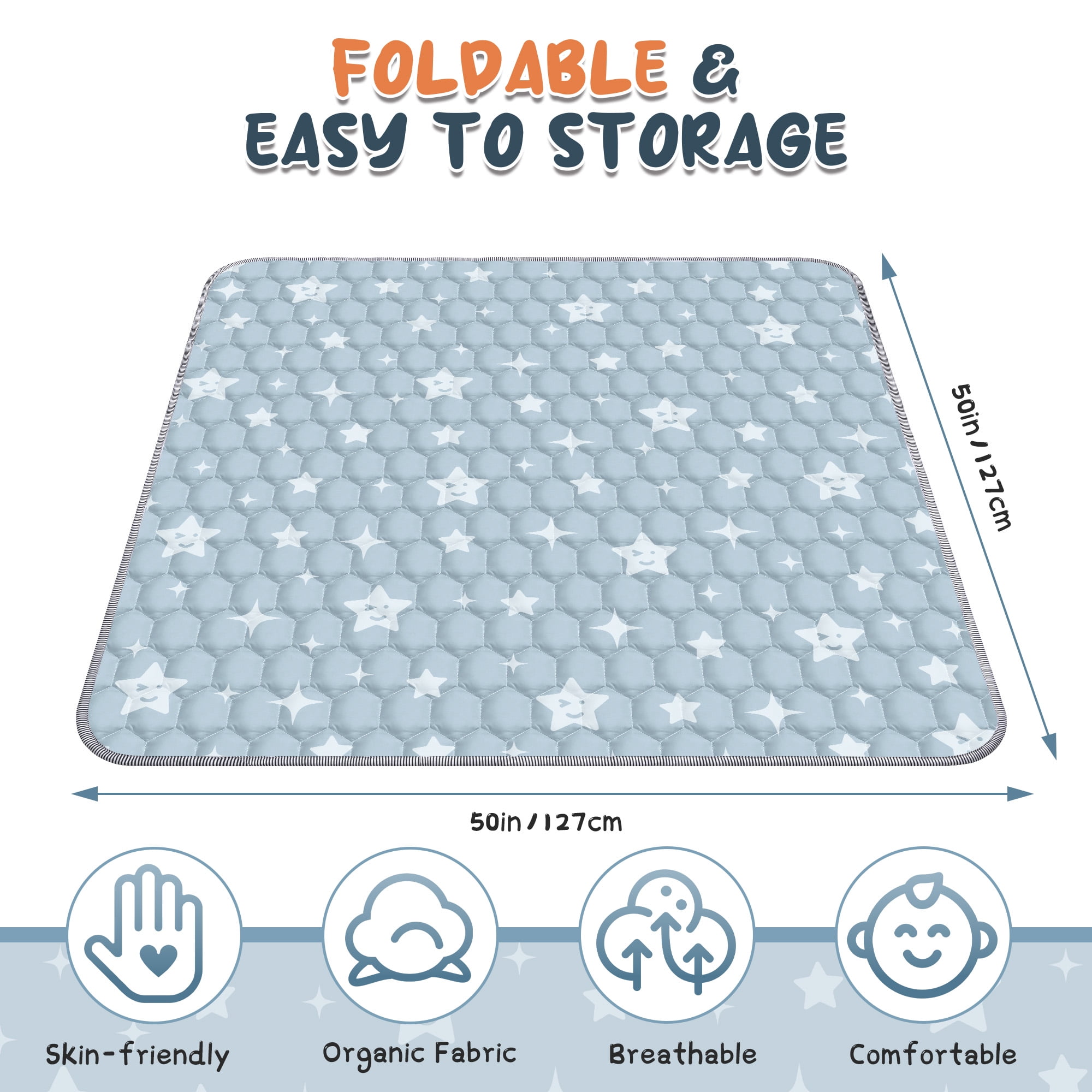 Foldable Baby Play Mat 50in*50in, HDJ Baby Mat for Floor Playpen, Portable Crawling Mat for Babies Toddlers Infants, Blue