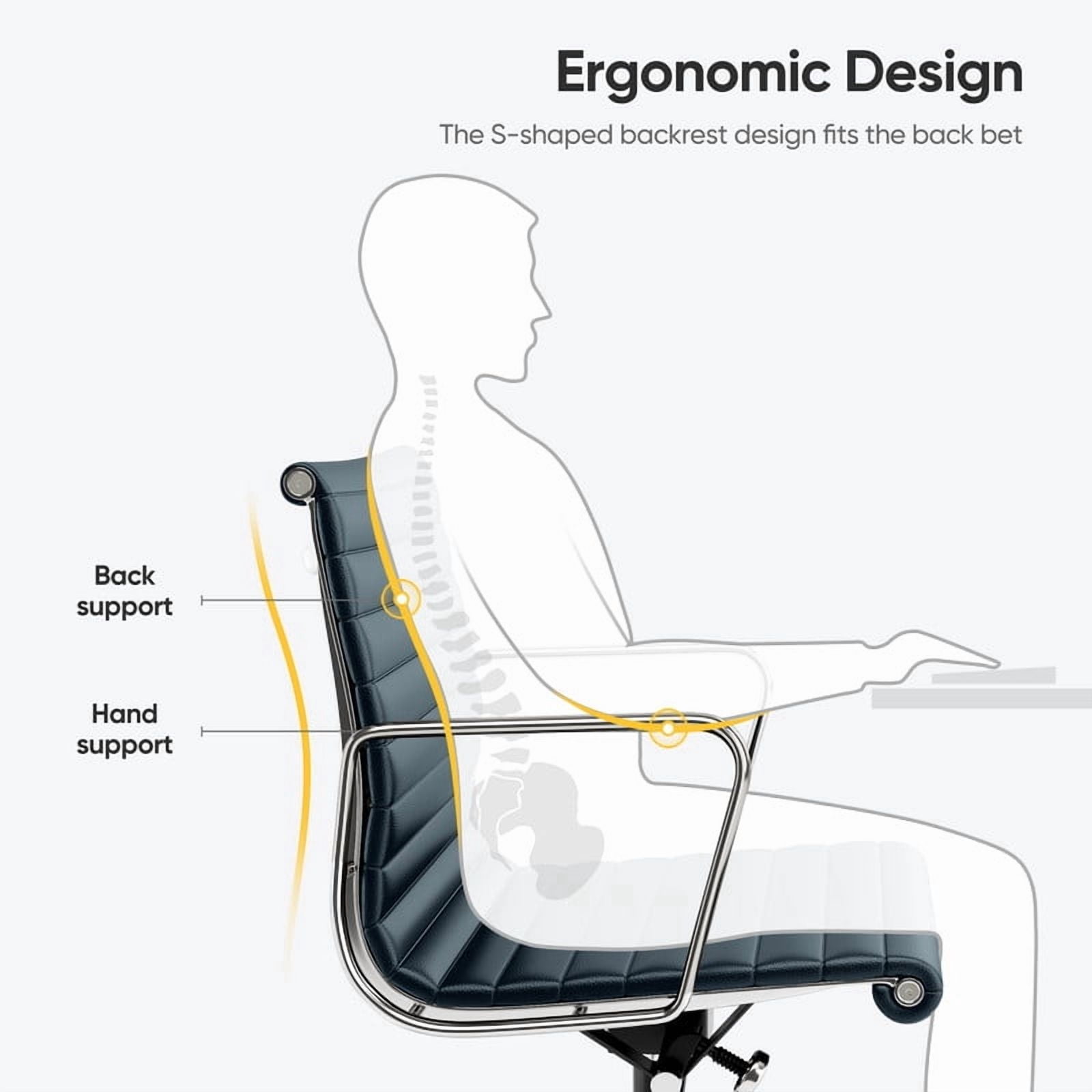 Cottinch Ribbed Office Chair Mid Back Genuine Leather Ergonomic Desk Chair with Arms, Adjustable Height Executive Conference Task Chair Swivel Chair for Home Office, White