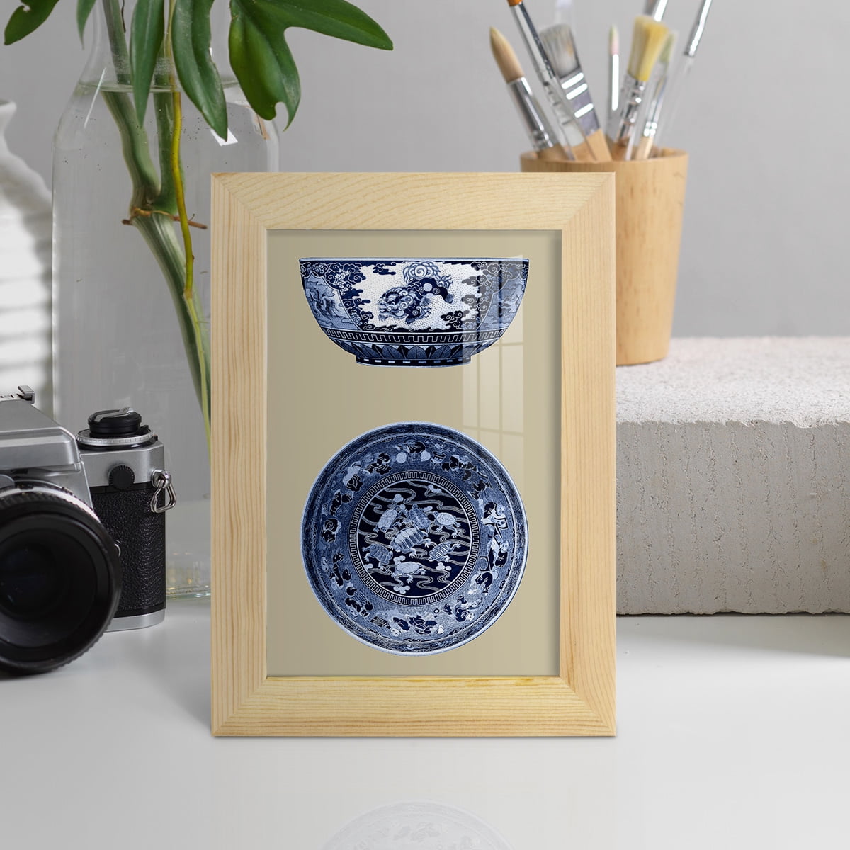 Porcelain in Blue and White I -Framed Print w/glass-Natural Wood