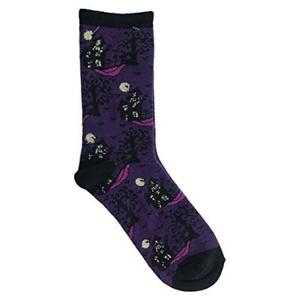 MeMoi Halloween Themed Haunted House in the Night Purple Novelty Crew Sock