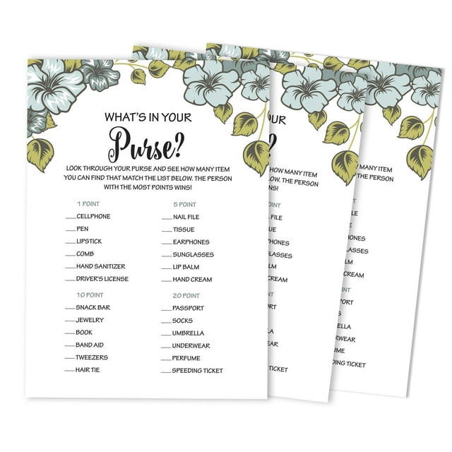 Inkdotpot 50-PackFloralWhats In Your Purse Bridal ShowerGameWedding Shower Bachelorette Party Bulk ActivityGameCards