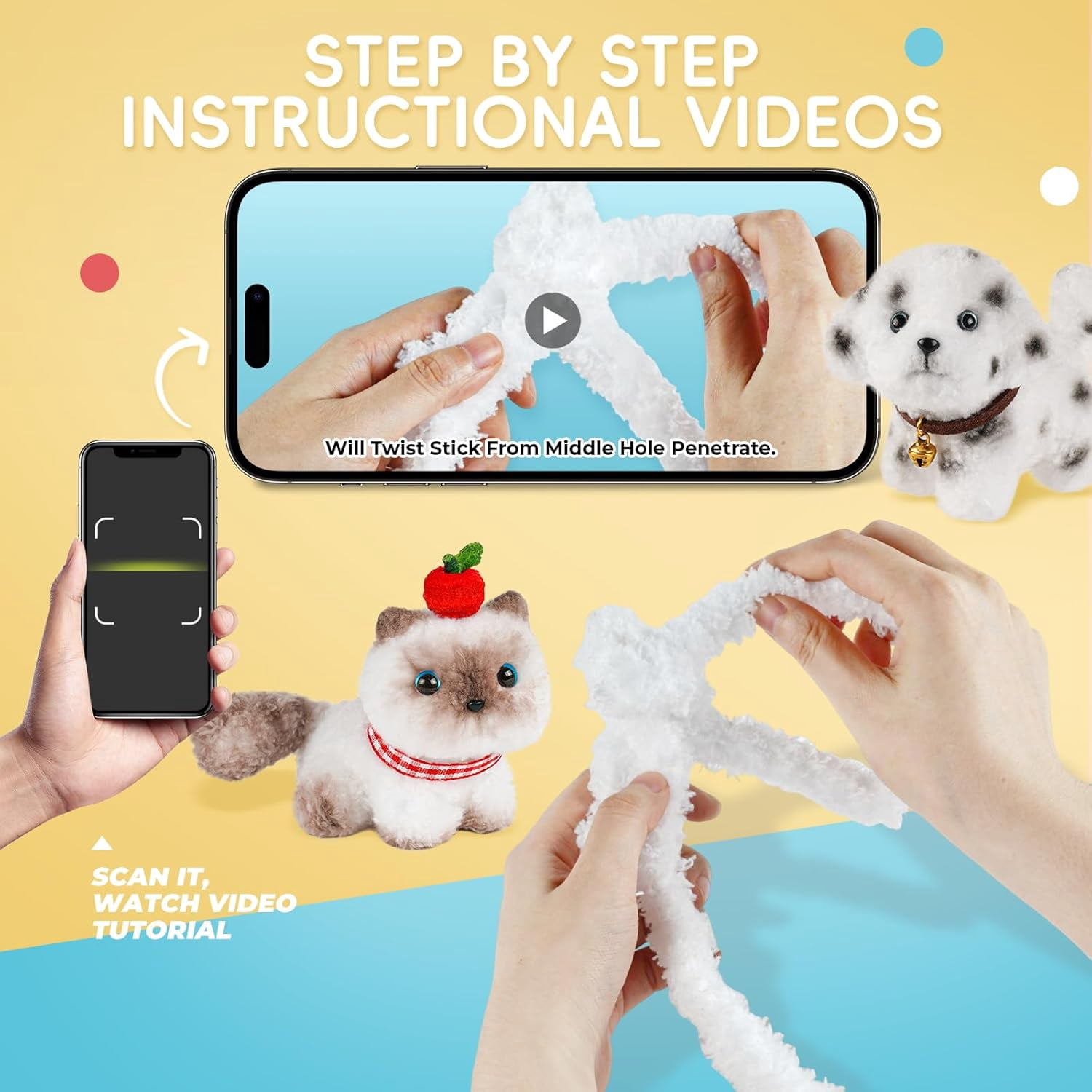 Pipe Cleaners Craft kit, A Pipe Cleaner kit Suitable for Beginners. It Includes a Kits for Making The Shapes of 6 Animal and Comes with Simple and Easy-to-Understand Video tutorials(Cat and Dog)
