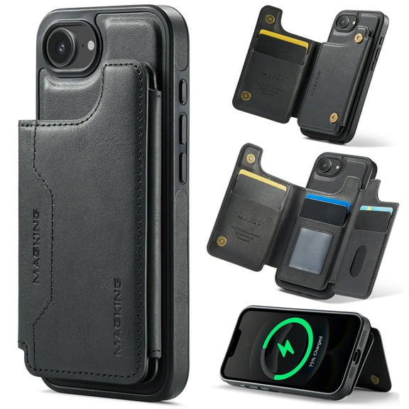 Decase for iPhone 16e Magnetic Case, Detachable Leather Wallet Case with Card Holder Slots,RFID Blocking Hybrid Back Cover,Wireless Charging Support,Shockproof Protective Cover,Black