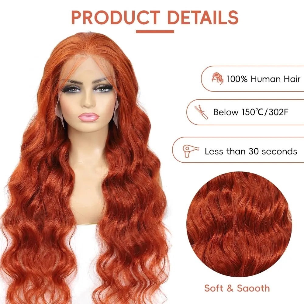 13x4 Ginger Body Wave Human Hair 200 Density HD Transparent Lace Frontal Wigs Pre Plucked for Women