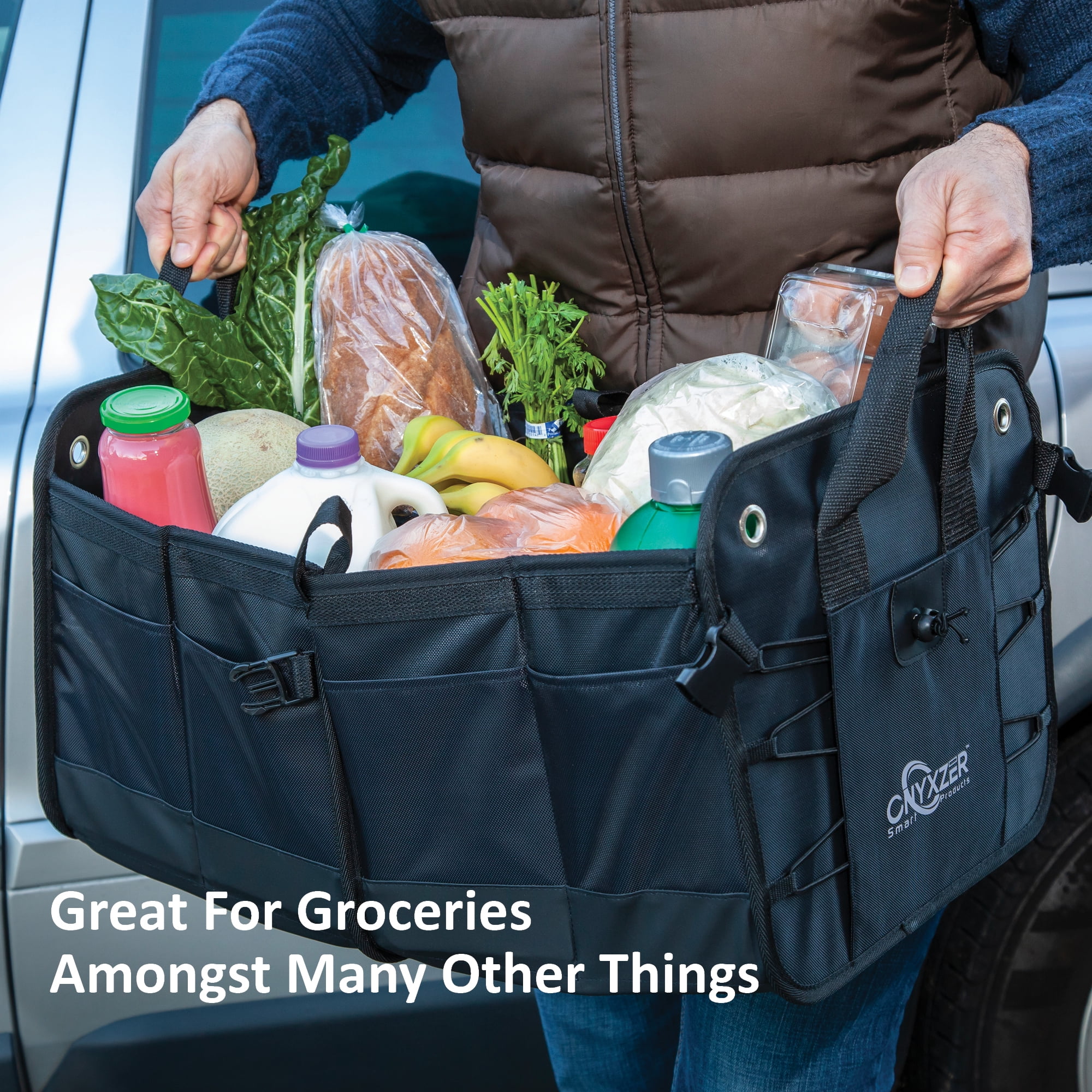 Straps and Non-Slip Waterproof Bottom Heavy Duty Collapsible Trunk Storage Organizer ONYXZER Trunk Organizer for Car and SUV Including Bonus Backseat Trunk Organizer Stainless Hooks