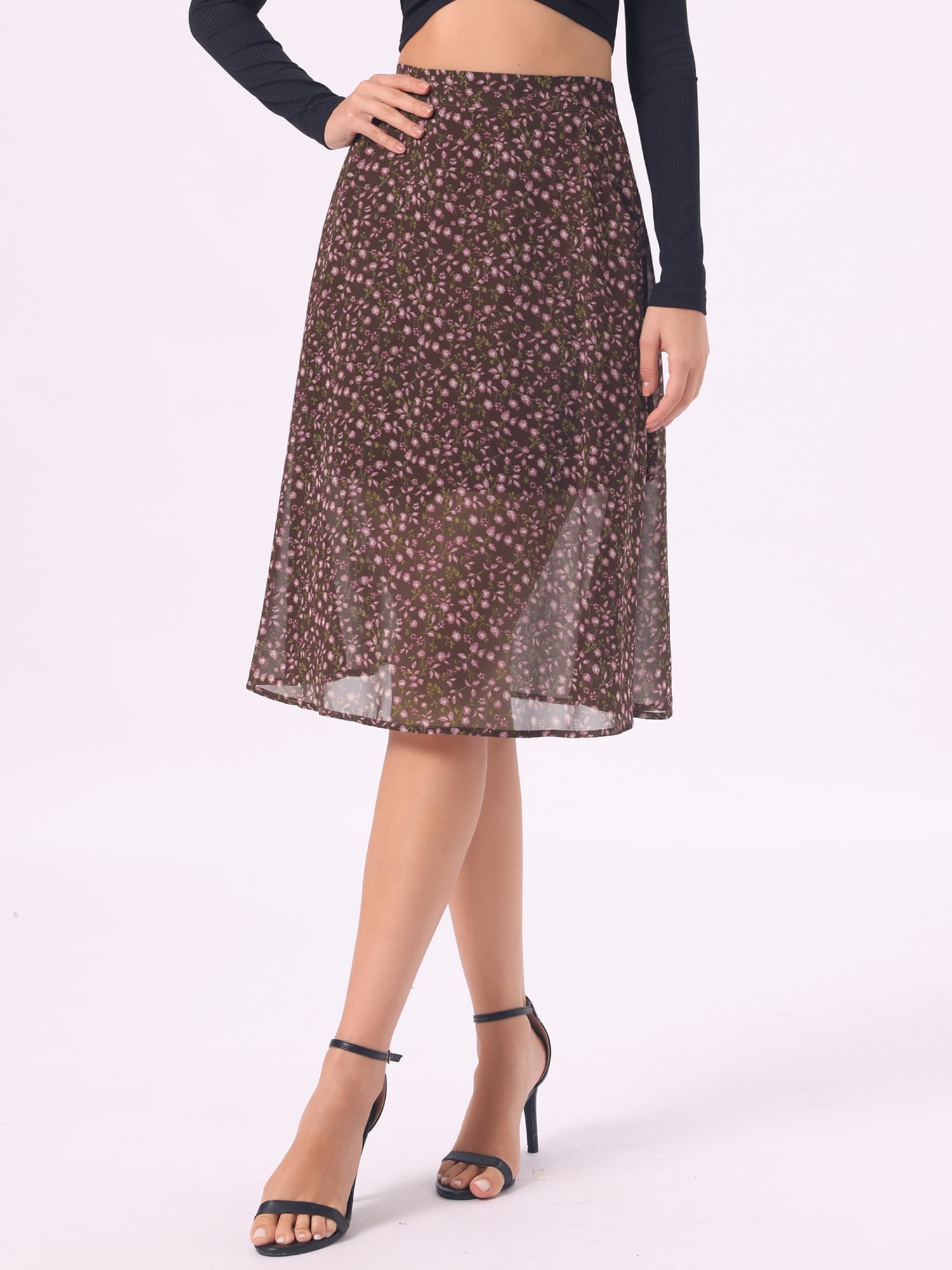 DARING DIVA Women's Floral Midi A-Line Chiffon High Waisted Skirt M Red Brown Pink