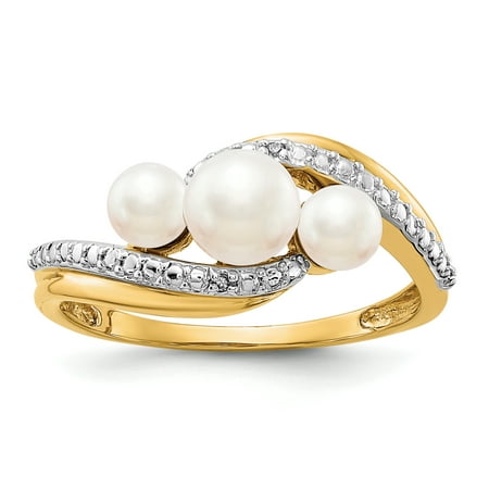 14k Yellow Gold Diamond Freshwater Cultured Pearl Band Ring Size 7.00