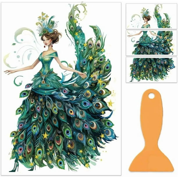 Juego de 3 calcomanías de hadas y pavo real para muebles y manualidades, 30x15 cm (12x6 pulgadas), con temática de personajes.