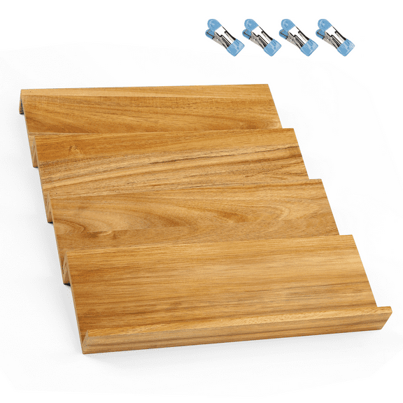 4 Tier Stackable Wooden Spice Drawer Organizer, Space-Saving Countertop & Cabinet Seasoning Storage, Quick Positioning, Single Size 13"L x 4.7"W, Includes 4 Sealing Clips