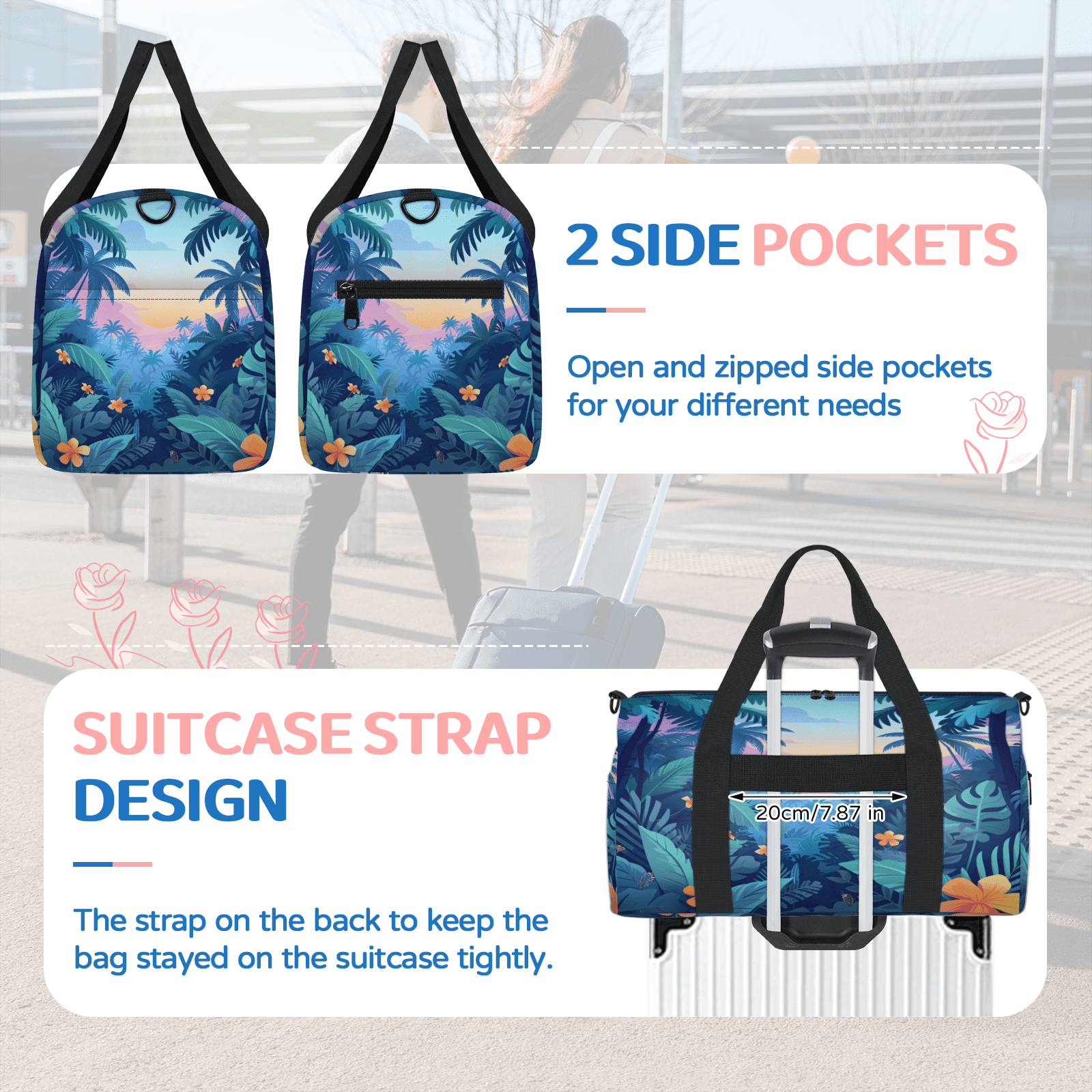 Herdesigns Tropical Rainforest Gym Bag for Women, Duffle Bag for Travel Sport, Flower Lightweight Waterproof Carry on Weekender Dance Yoga Workout Bags