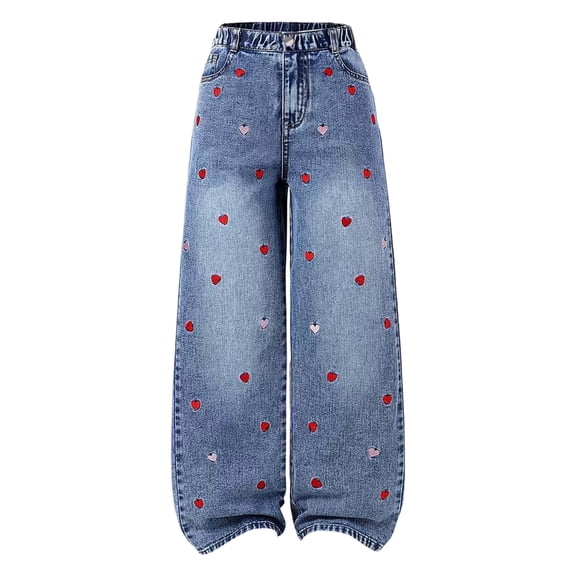 Girls' Wide Leg Jeans Cute Red and Pink Heart Embroidered 5-16 Years