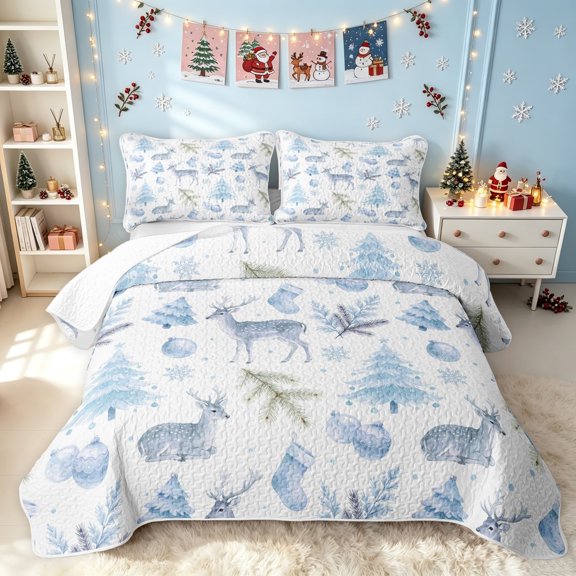 Erosebridal Kawaii Reindeer Twin Quilt Set, Christmas Tree Twin Coverlet Set, White Light Blue, 2-Piece, 1 Bedspread and 1 Pillowcase