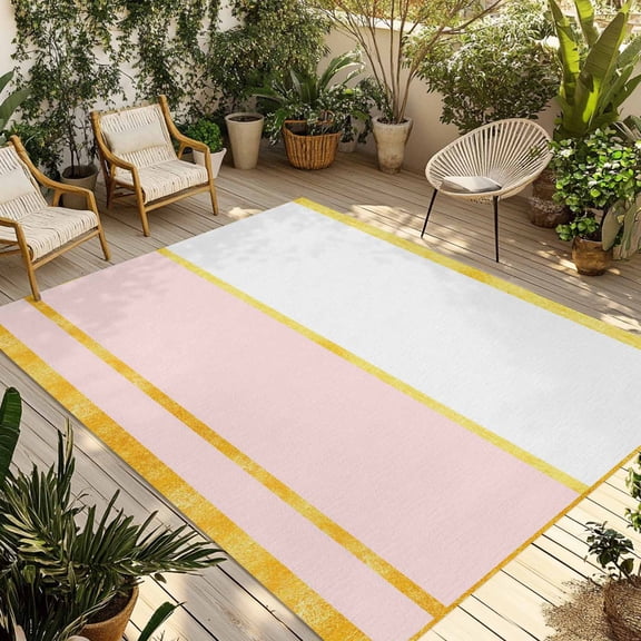 Pink White Outdoor Area Rug 4x6ft Decorative Indoor Outdoor Rug Luxury Golden Stripes Lines Patio Area Rug for Porch, Deck, Balcony, Entryway, Camping & RV