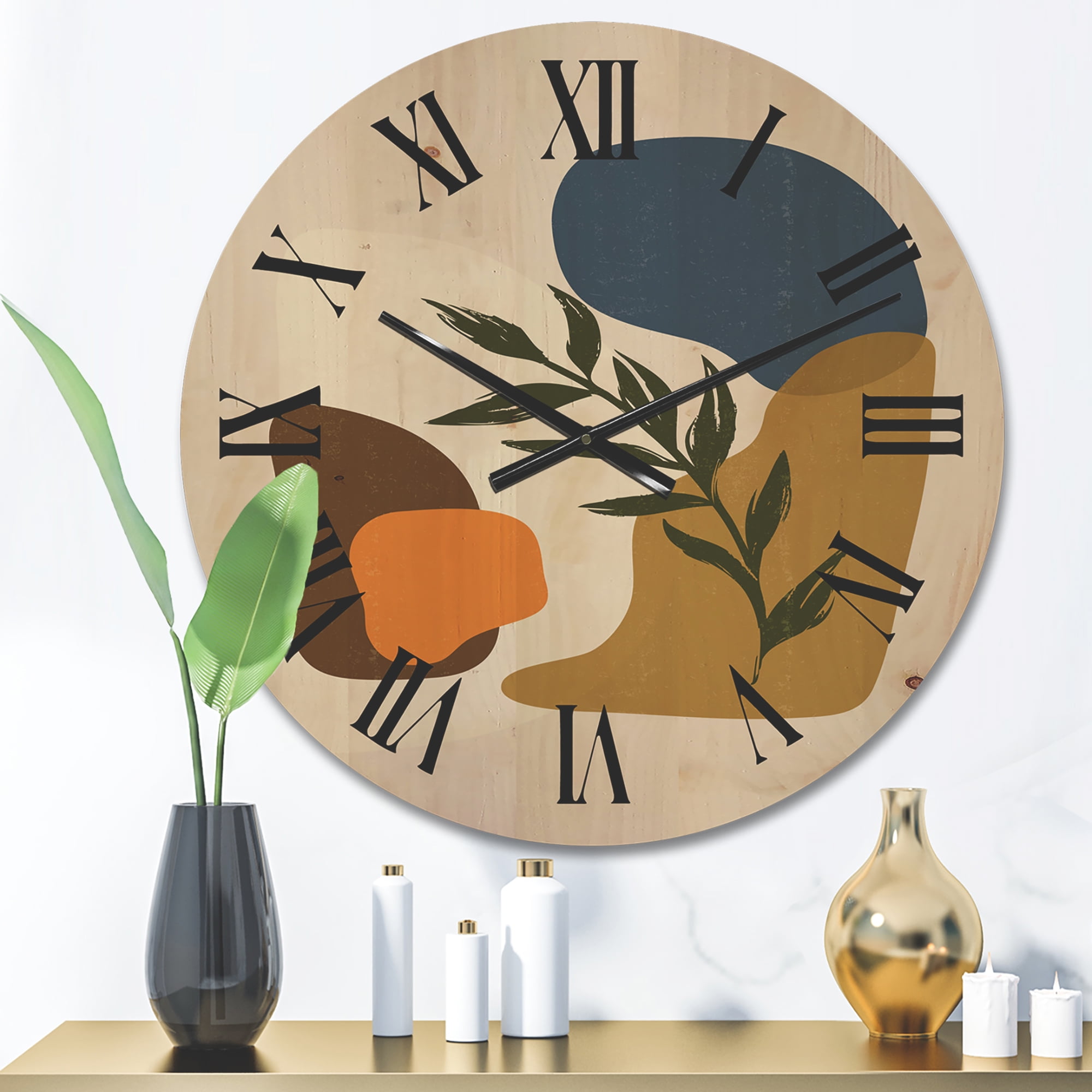 Designart 'Green Leaf With Botanical Minimalist Shapes' Modern Wood Wall Clock