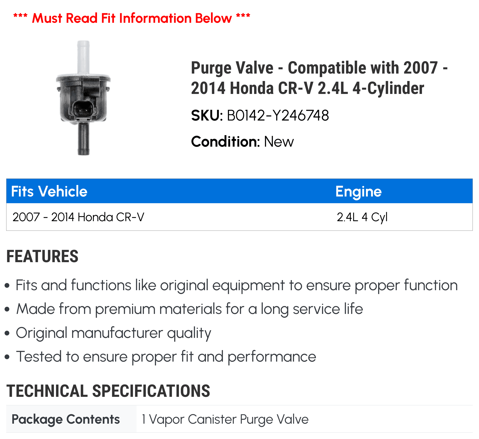 Purge Valve - Compatible with 2007 - 2014 Honda CR-V 2.4L 4-Cylinder 2008 2009 2010 2011 2012 2013