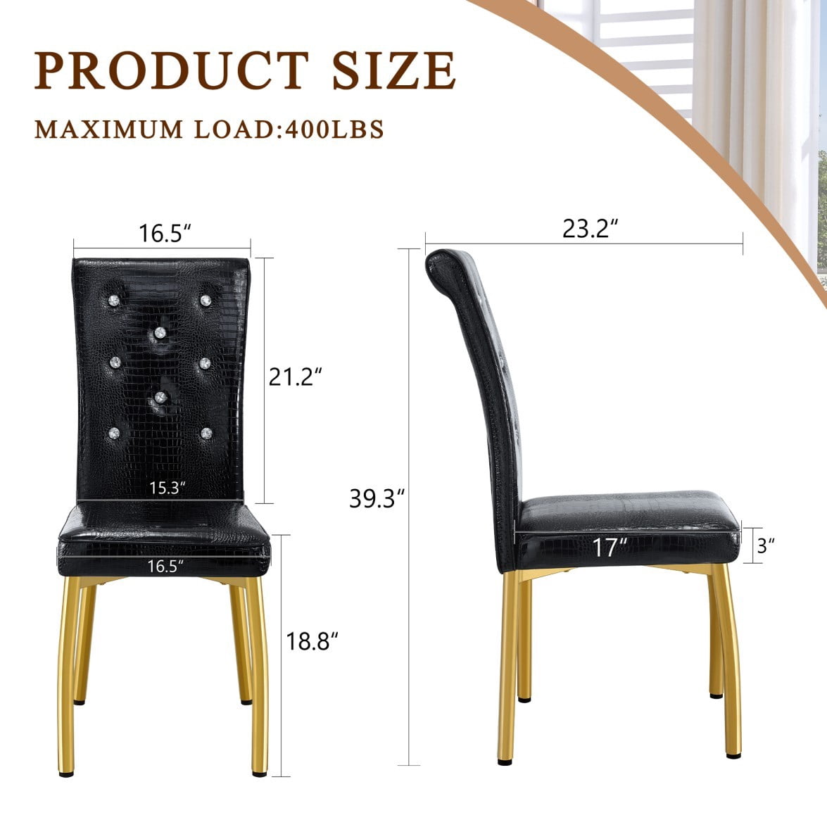 Set of 4 Retro Dining Chairs, Faux Alligator-Textured PVC Leather Upholstered Chairs with Crystal Button Details & Galvanized Metal Legs, 400 LBS, Black & Gold