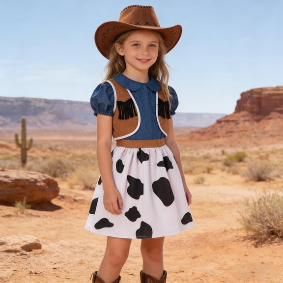 Trendfront Girls Dress Crew Neck Short Sleeve Western Cowboy Style Role Play Performance Outfit 3-12 Years