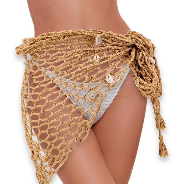 Chal de playa de ganchillo color caqui, triangular, con conchas marinas, para cubrir trajes de baño, falda de red con conchas marinas, vestido, pareo, chales, envolturas.