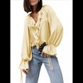thumbnail image 1 of Camisa Informal de Larga con Volantes para Mujer, Blusa de Satén de Seda para Trabajo, Ropa de y Otoño Amarillo S, 1 of 8