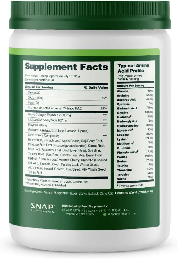 Snap Supplements Collagen Peptides with Super Greens, Digestive Enzymes, Probiotics, Turmeric - 30 Servings
