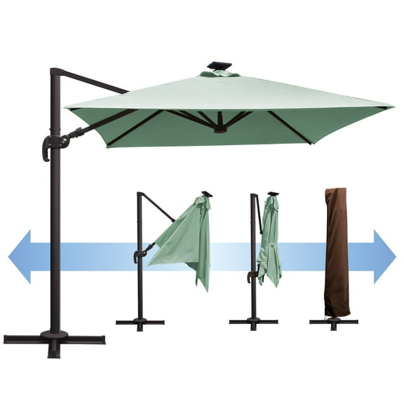 SUNNYOUTDOOR 8'x8' Deluxe Cantilever Umbrella LED Lighted Umbrella Sunbrella Cover Patio Umbrella Garden Outdoor (Spa)