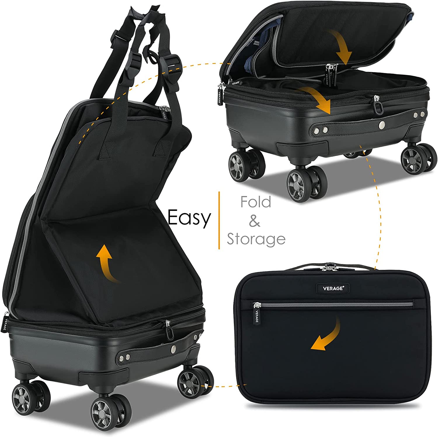 Verage Expandable Foldable Luggage Collapsible Rolling Travel Duffel Bag Lightweight Suitcase with Detachable Spinner Wheels(Black, 24 Inch Expands into 28 Inch)