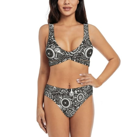 Zeuib Bicycles Parts High Waisted Tummy Control Bikini Set - Knot Front Push Up Top & Cheeky Thong Bottom  Two-Piece Swimsuit for Women-X-Large