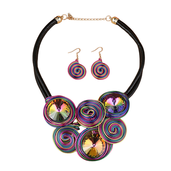 High Class Aluminum Wire Bohemia Necklace Earring Set For Women Tribal Fashion Costume Jewelry Earring Sets Unique Colorful Big Rhinestone Crystal Pendent Collar Choker