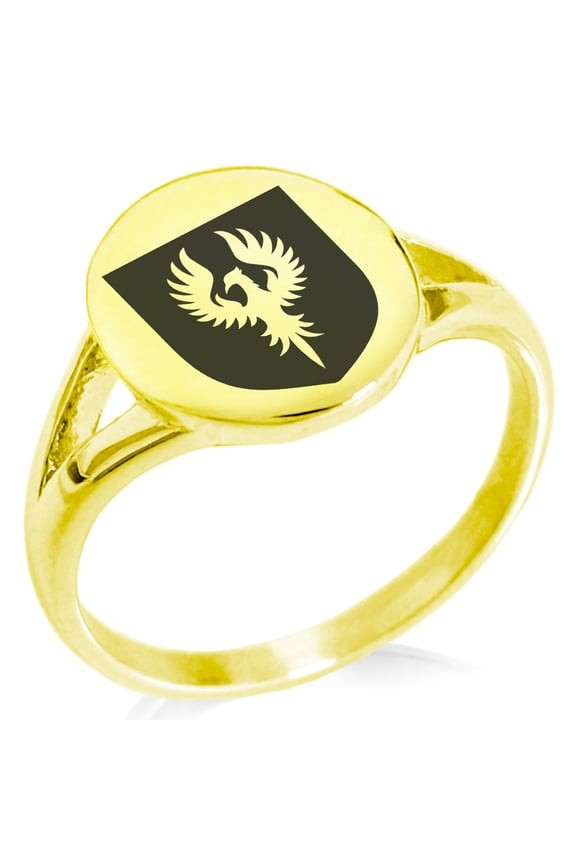 Stainless Steel Phoenix Resurrection Coat of Arms Shield Minimalist Oval Top Polished Statement Signet Ring