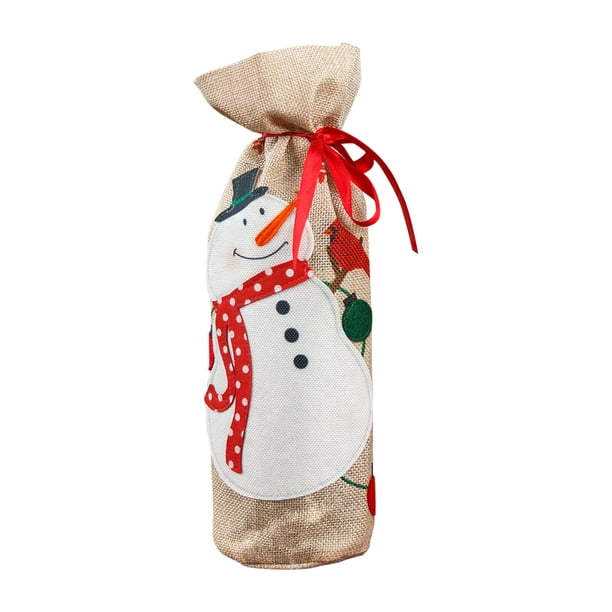 Set de funda para botellas de vino navideño bordadas en lino - Bolso reutilizable de vino tinto con diseño de copo de nieve y reno - 31x14cm