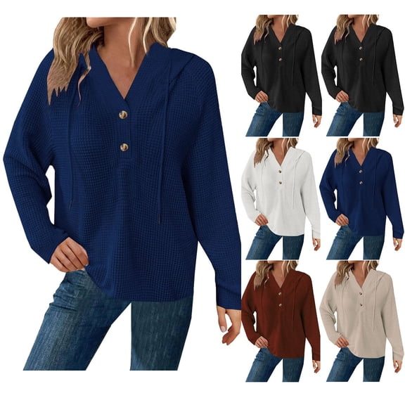 Womens Hoodies Oversized Sweatshirts Loose Fitting Long Sleeved Buttons Sports Navy Hoodie Sweatshirt Sizes XS-2XL