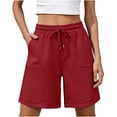 thumbnail image 2 of Women's Soft Cotton Blend Linen Side Pockets Elastic Waist Drawstring Shorts, Casual Loose Fit Summer Solid Color Shorts, Tummy Control Comfortable Fabric For Daily | TruBelle,Red L, 2 of 6