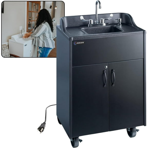 Ozark River Manufacturing Premier, Portable Sink Hand Wash Station, 110V, Black Laminate Cabinet-ABS Countertop & Basin