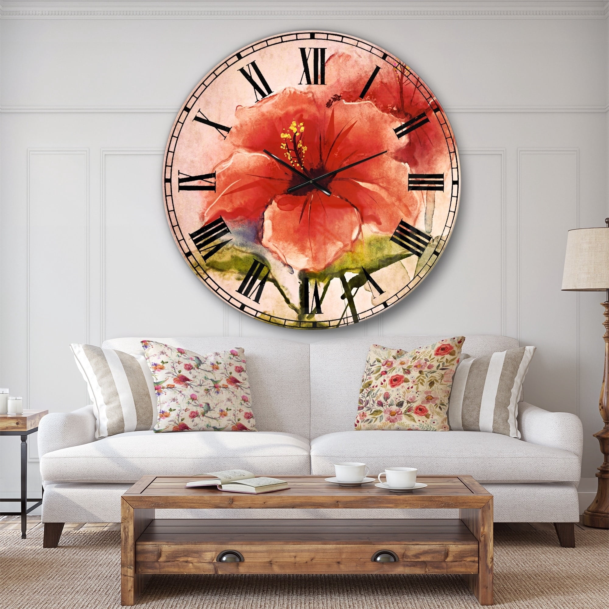 Designart 'Watercolor Painting Red Hibiscus Flower' Traditional wall clock
