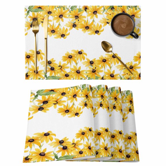 Yellow Sunflower Placemats Set of 2, Watercolor Flowers Green Leaf Spring Country Non-Slip Place Mats Washable Table Mats for Kitchen Dining Table Decorations Indoor/Outdoor