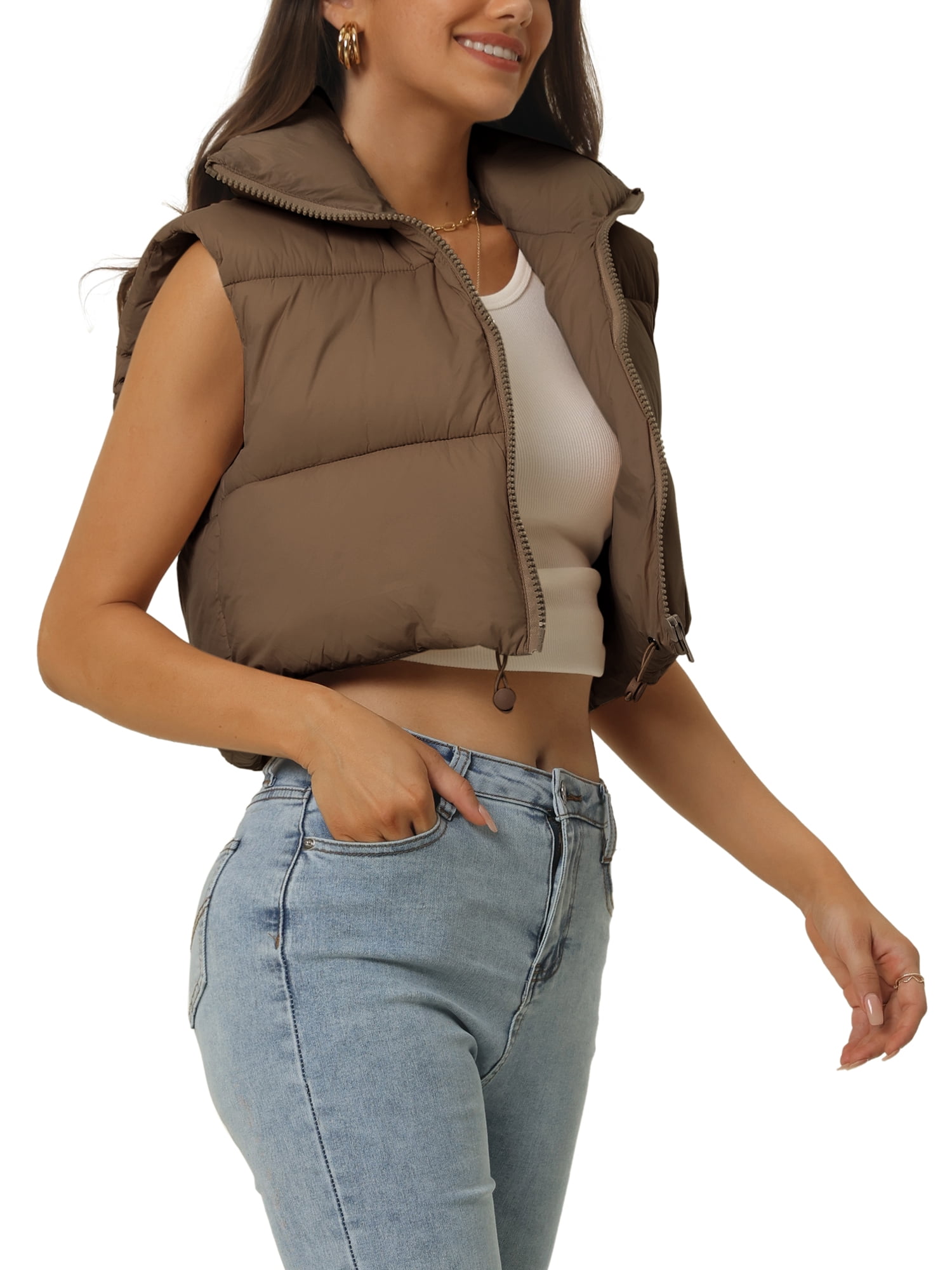 Unique Bargains Women's Padded Vest High Stand Collar Zip Crop Fashion Jacket Puffer Vests M Brown