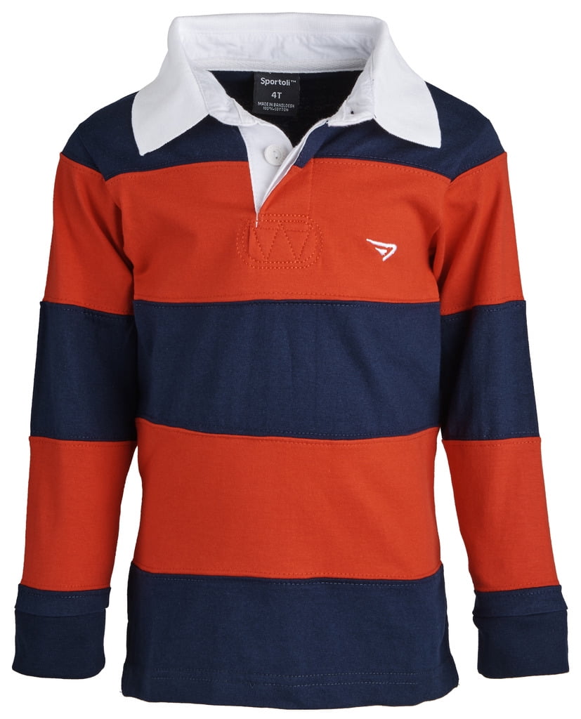Sportoli Boys 100% Cotton Wide Striped Long Sleeve Polo Rugby Shirt