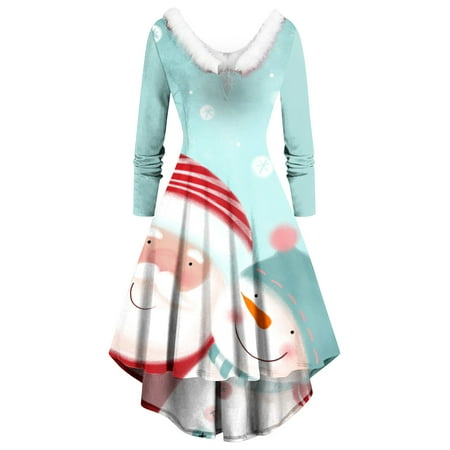

Honeeladyy Women Long Sleeve Christmas Printed Furry V-Neck Draw Back Swing Party Dress Clearance under 5$