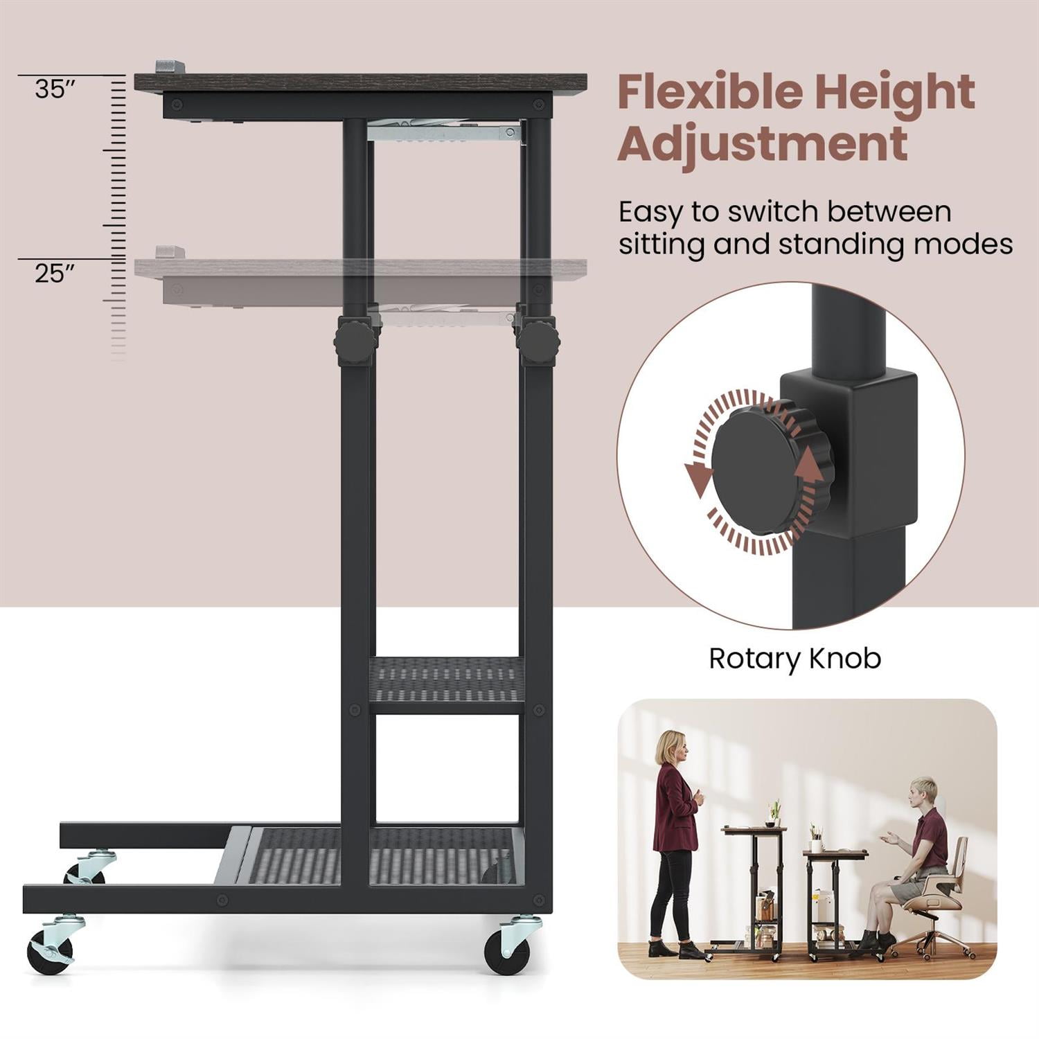 Spaco Mobile Height-Adjustable Standing Desk - Rotary Knobs Mesh Shelves, Tilting Tabletop, Oak