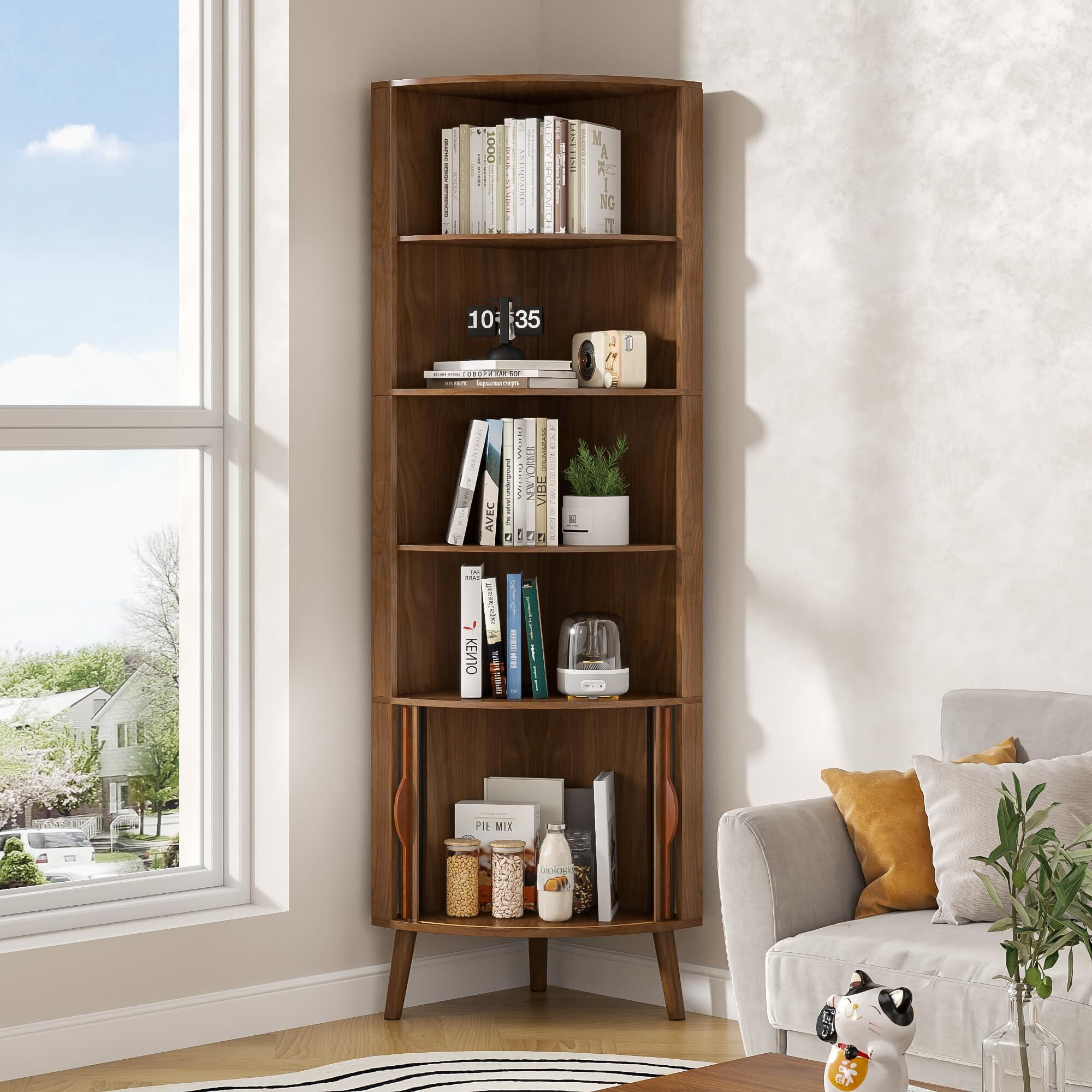 Modern Corner Cabinet, 66.7" Tall Bathroom Storage Cabinet with 2 Fluted Doors & Shelves for Kitchen, Living Room, Walnut